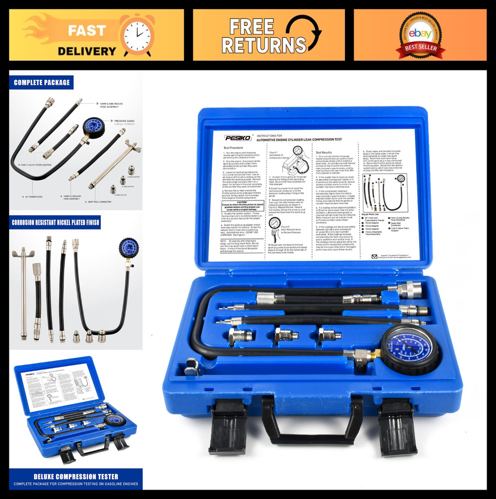 Engine Compression Tester Kit 0-300 PSI | Cylinder Gauge & Spark Plug Adapters