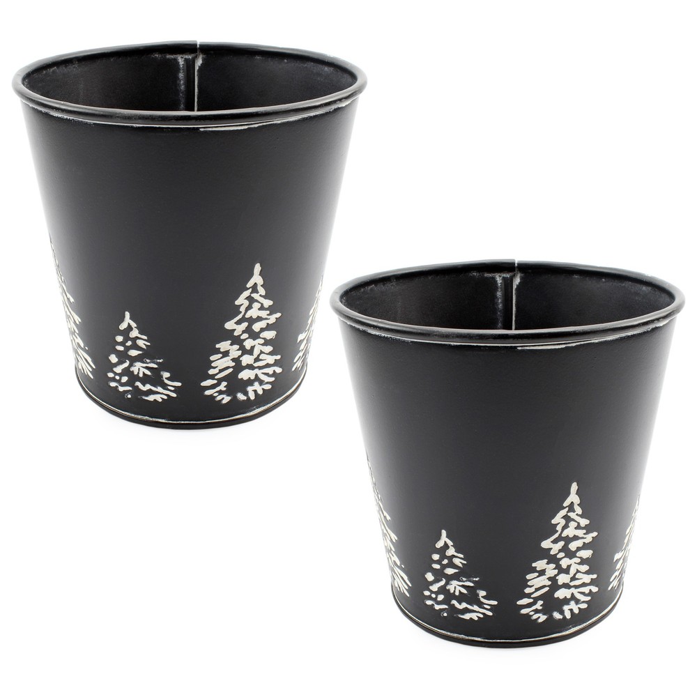 Black Mini Christmas Tree Buckets 2pk, Metal Tree-Embossed
