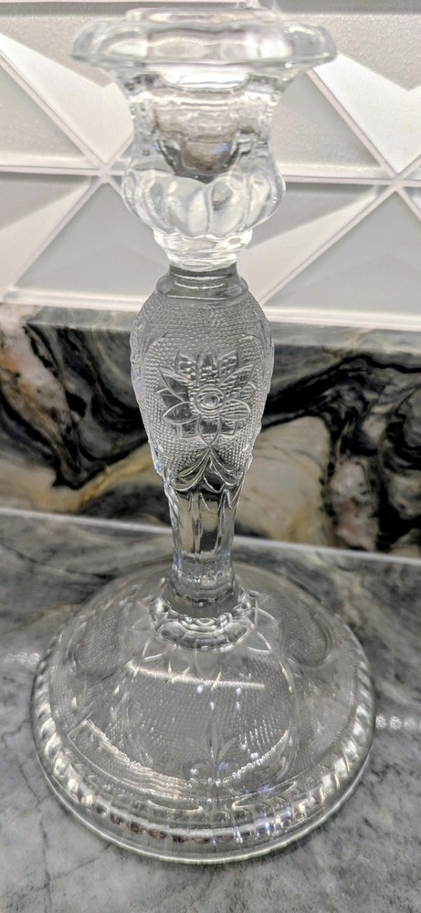 Antique EAPG Pressed Glass Candlestick – Heavy 3-Part Mold, Deep Floral Pattern