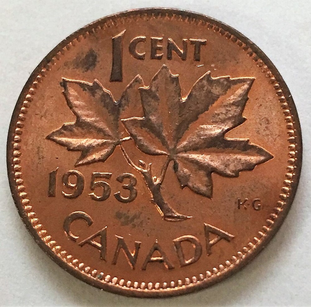 CANADA 1953 . ONE CENT COIN . VARIETY . NO STRAP