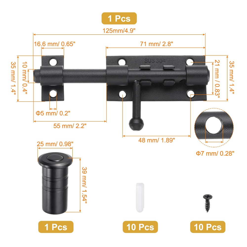 1Pcs Slide Bolt Latch, 5 in Barrel Bolt Latch with Dust Container 10mm [Black]