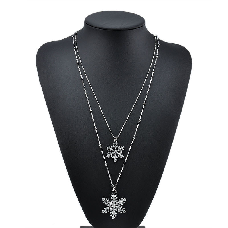 Boxed Silvertone Double Strand Clear Crystal Snowflake Necklace