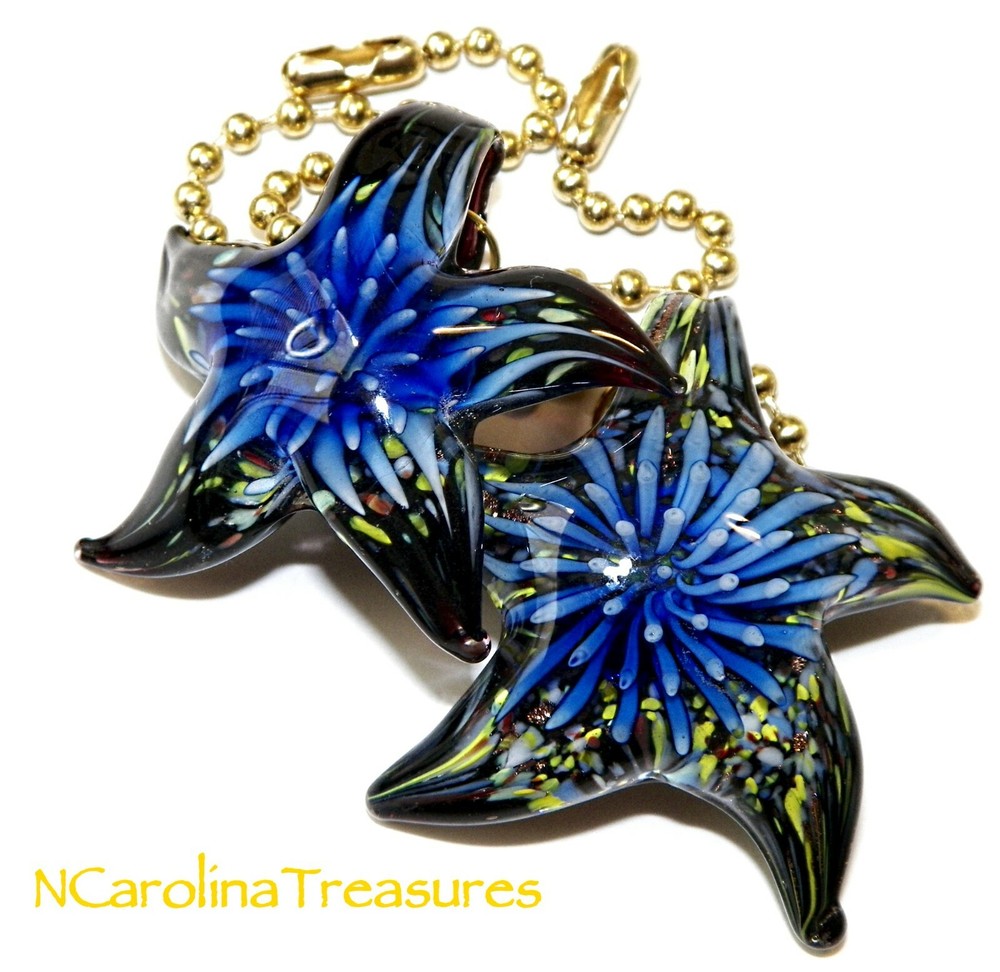 STAR STARFISH GLASS CEILING FAN LIGHT SWITCH PULL DARK BLUE BLACK BURST LG PAIR