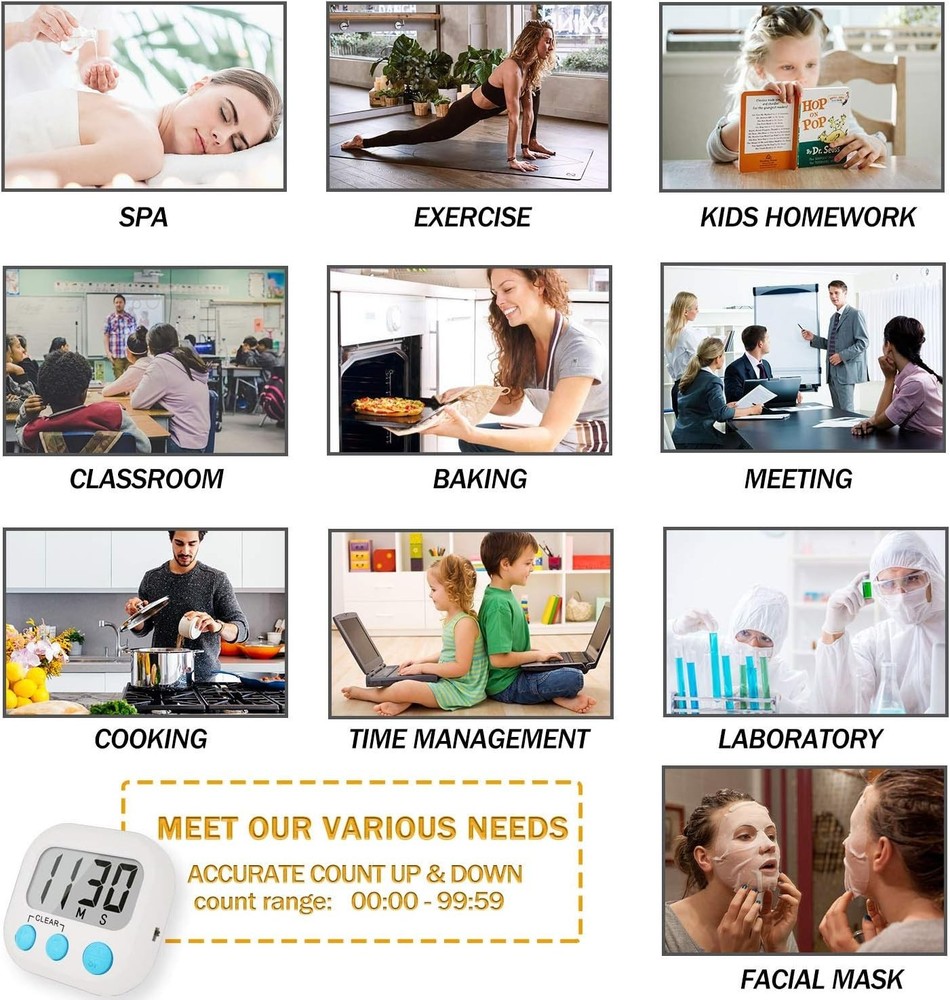 Efficient 2 Pack Cooking Timer with Large Display & Loud Notification - White