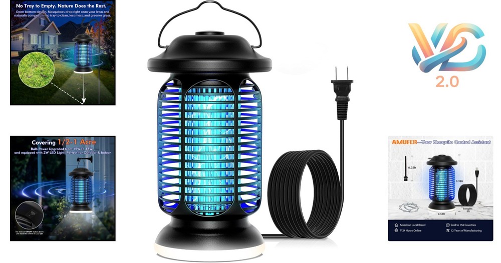 Outdoor Indoor Bug Zapper 18W Blue-Violet Light 1/2 Acre Coverage Cert