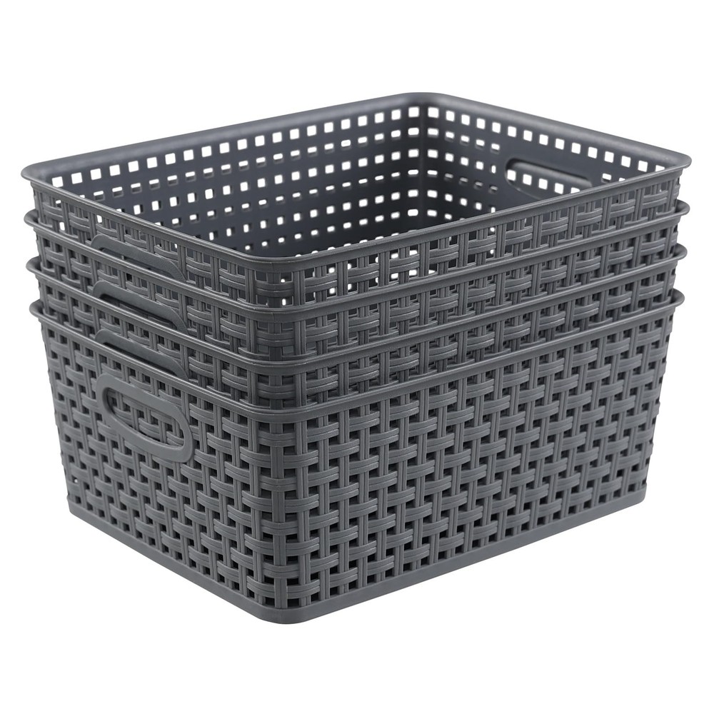 Readsky Plastic Woven Storage Basket with Handle, Gray, 4 Packs