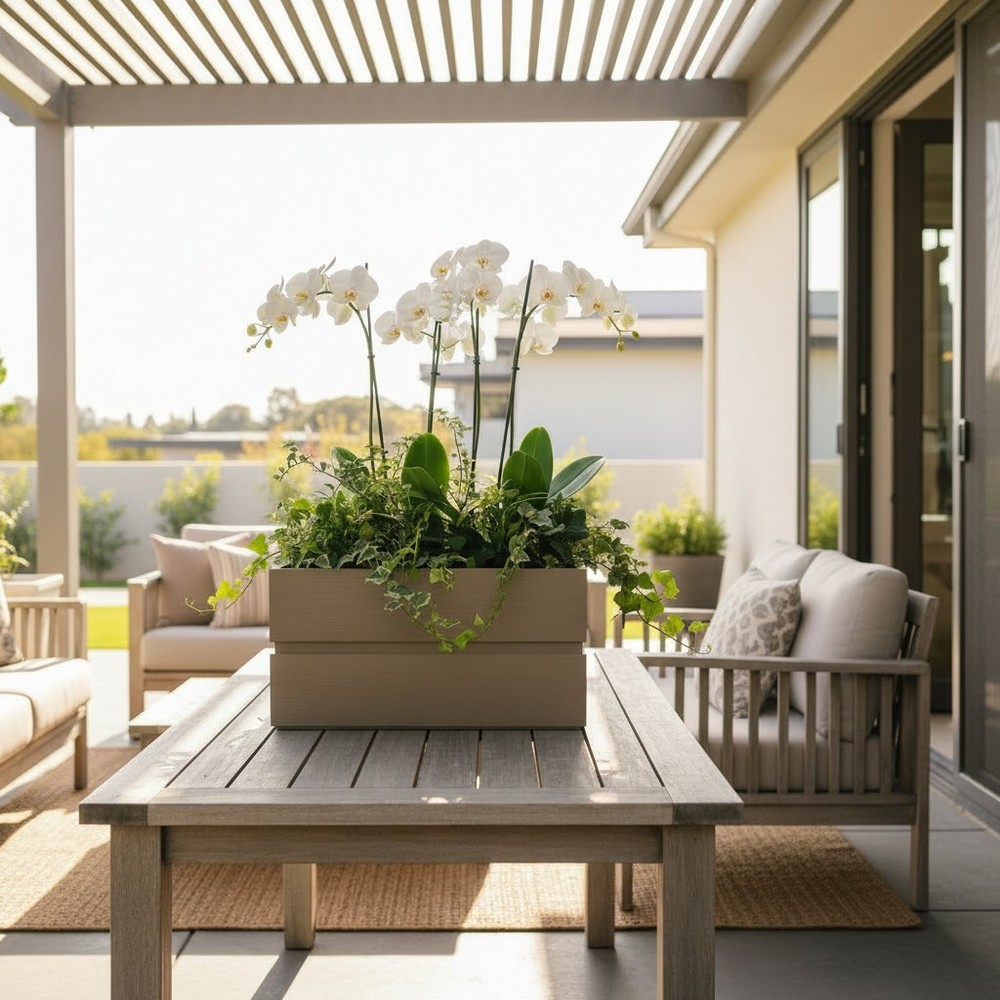 Rectangular Grey Brown Terrace Balcony Planter, Aluminum w/ Drainage