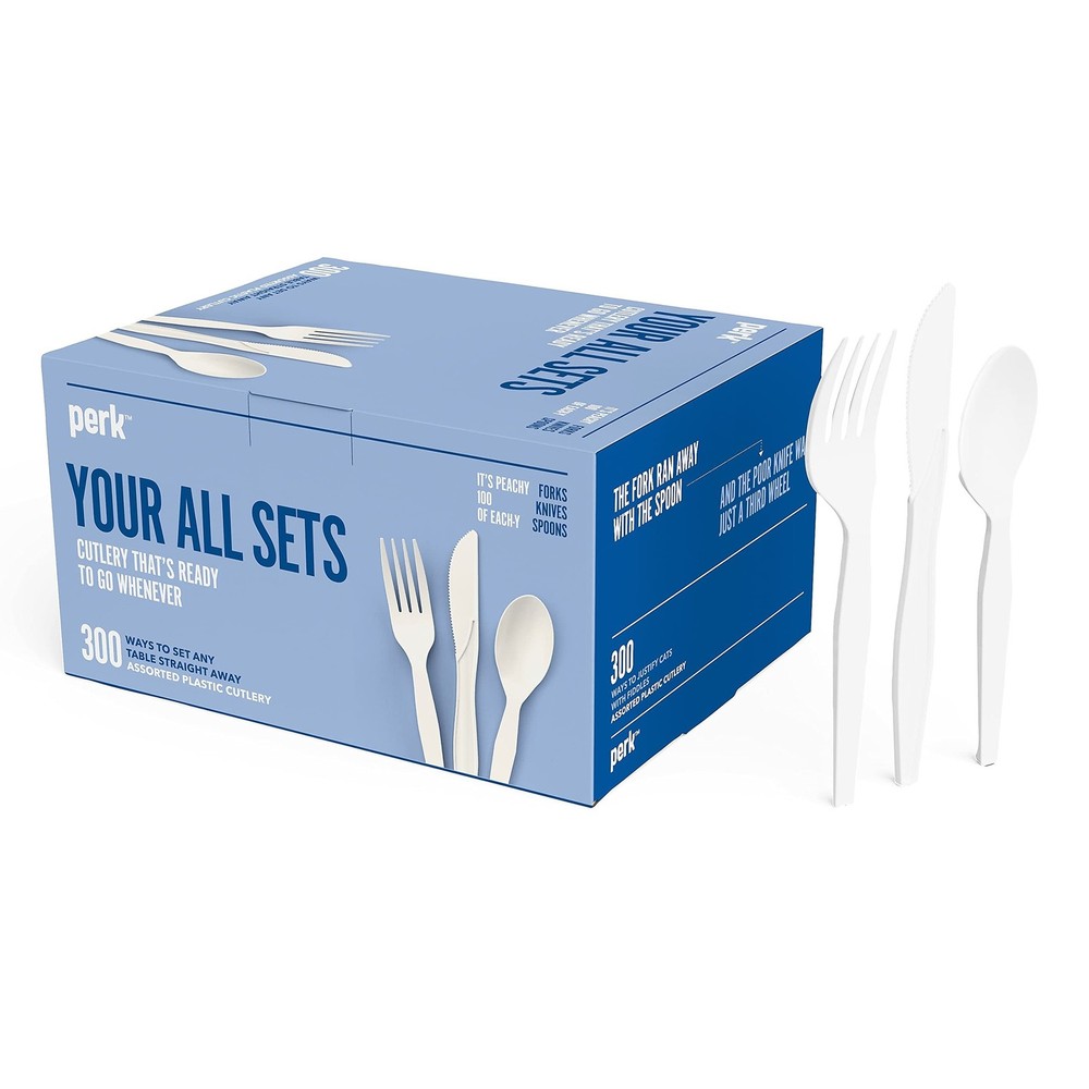 Perk Medium‑Weight Plastic Cutlery Set, 300 Count Bulk Disposable Utensils