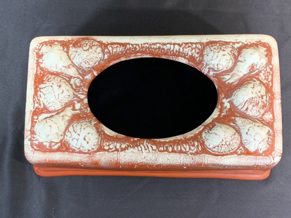 Vintage 60s 70s Retangular Ceramic Tissue Box Brown Drip Glaze Shells Beach