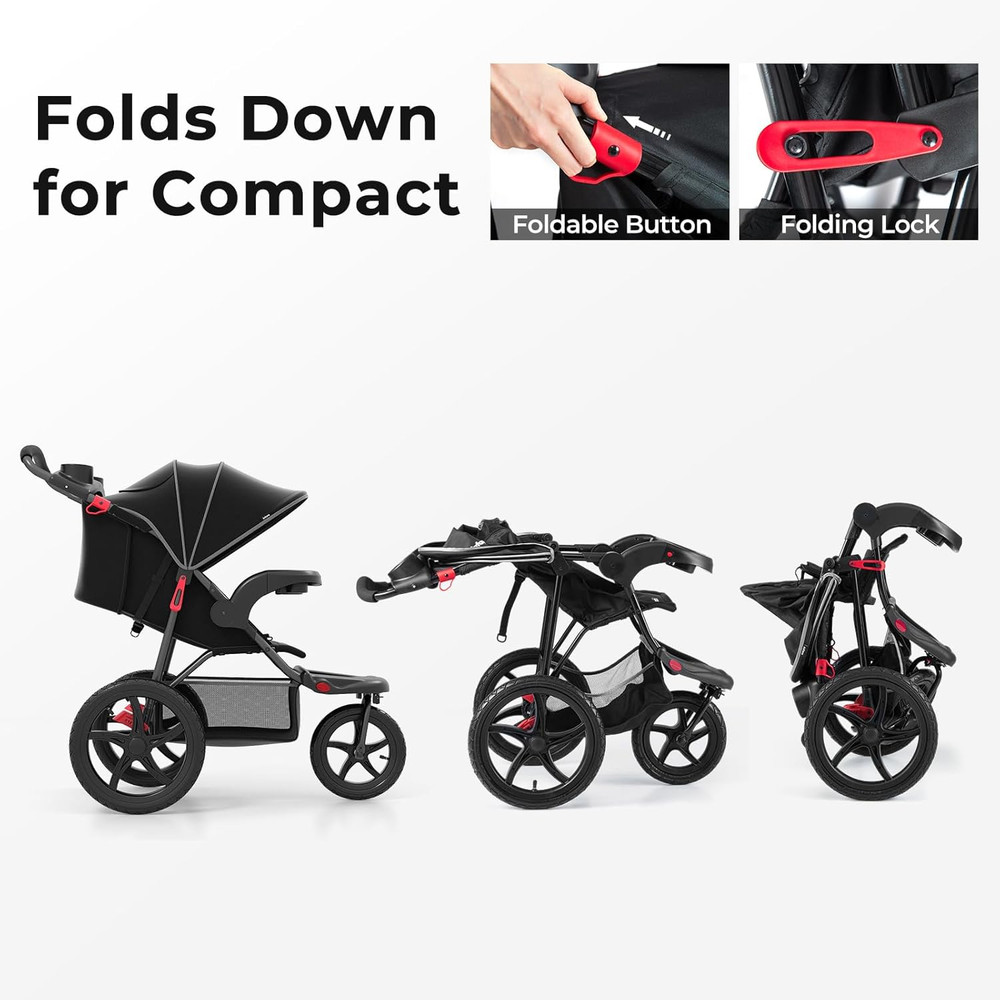 Foldable Jogging Stroller with Air-Filled Tires & Adjustable Backrest
