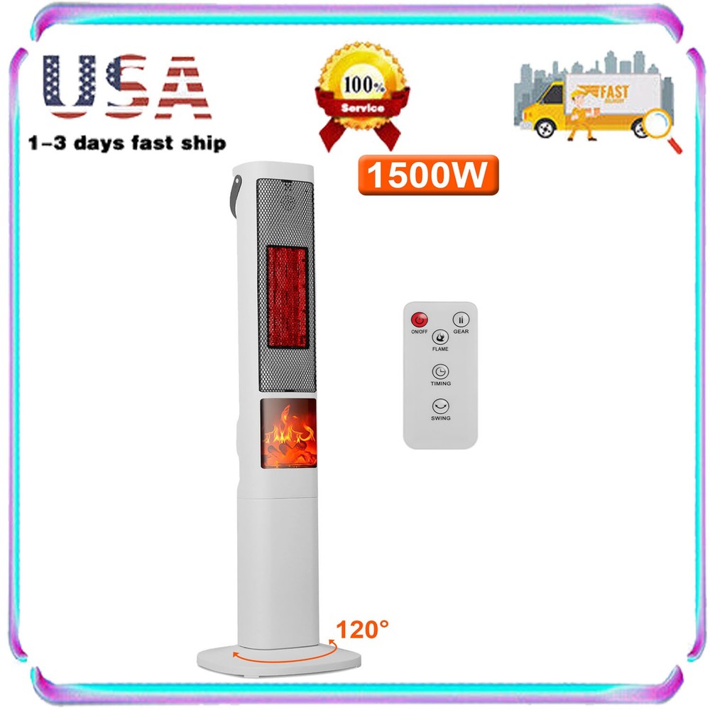 1500W Ceramic Tower Space Heater W/ 3D Flame Remote Control 5 Timer Options