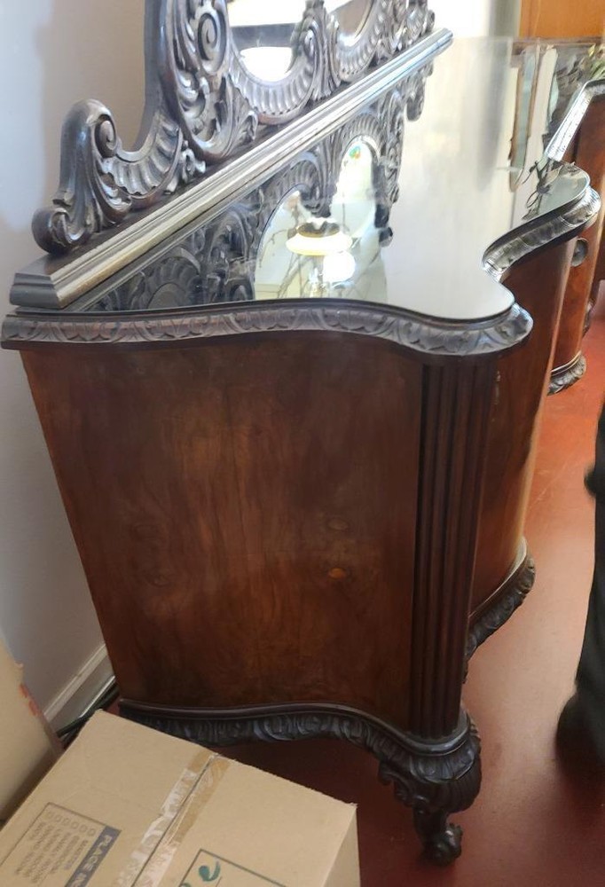 Incredible French Victorian Solid Burled Walnut Sideboard & Glass Top - GDC