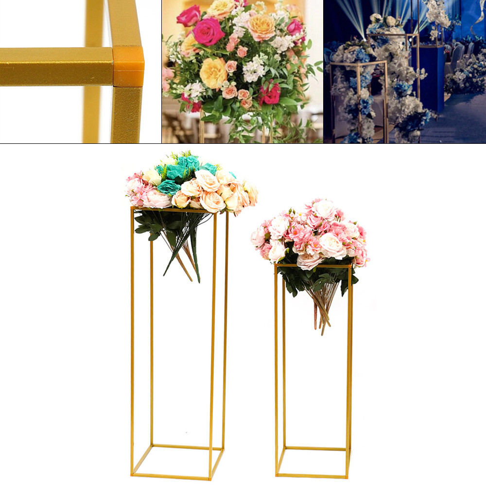 2Pcs Gold Flower Rack Metal Geometric Column Stand Wedding Backdrop Decor