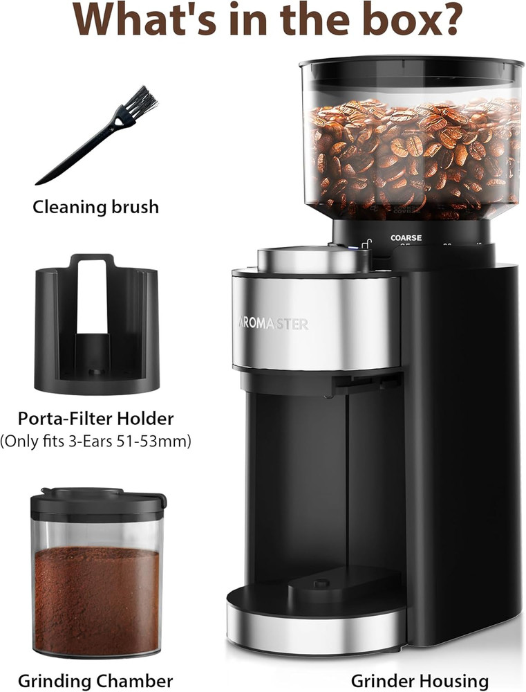Conical Burr Coffee Grinder with 25 Settings and Timer, Black