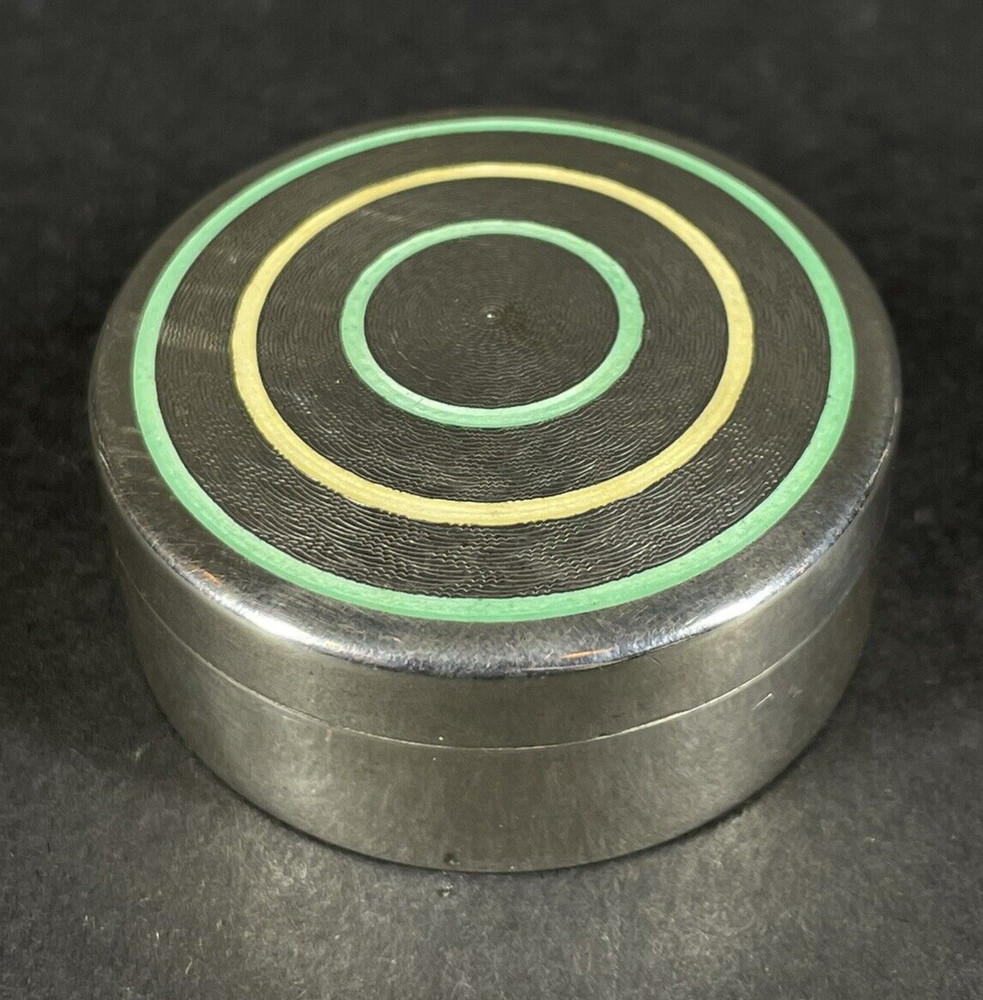 Antique 800 Silver Engine Turned & Stripe Enamel Pill Box Cat Punch Mark