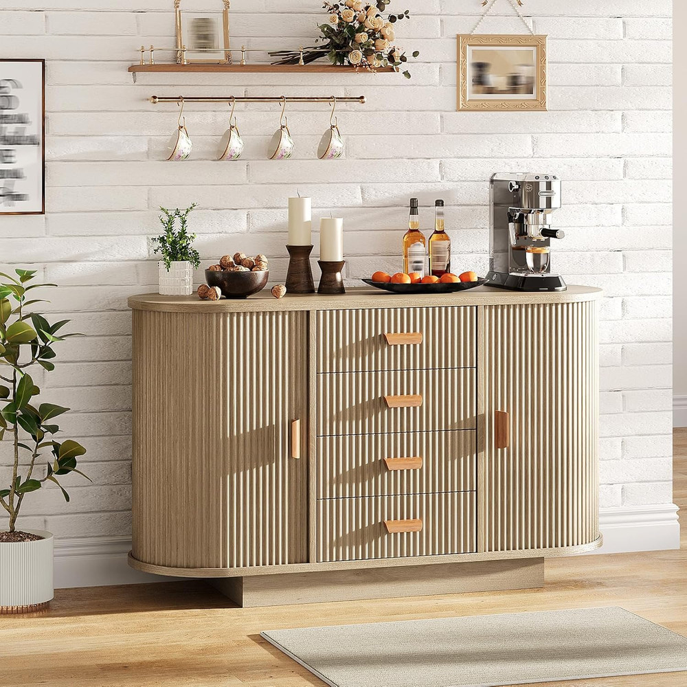 Modern 47" Fluted Sideboard Buffet Cabinet with 4 Drawers & Sliding Doors