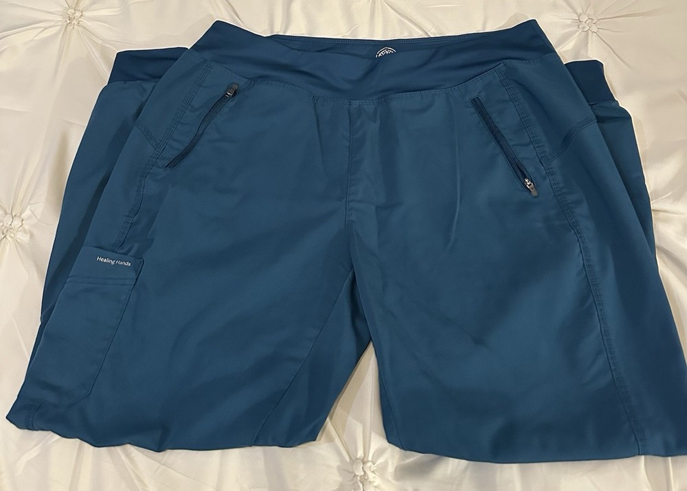 Large Woman’s Scrub Uniform Set Top Bottom Healing Hands Blue