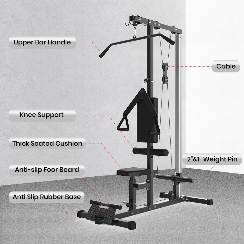 LAT Pulldown Machine Cable Row High Low Pulley Stations Leg Support Tricep Equip
