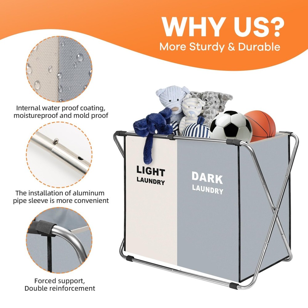 Laundry Cloth Hamper Sorter Basket Bin Foldable 2 Sections with stainless ste...