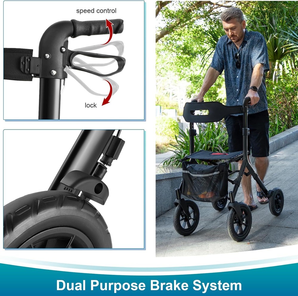 12" Rubber Wheels All-Terrain Rollator Walker w/Seat Backrest Folding Adjustable