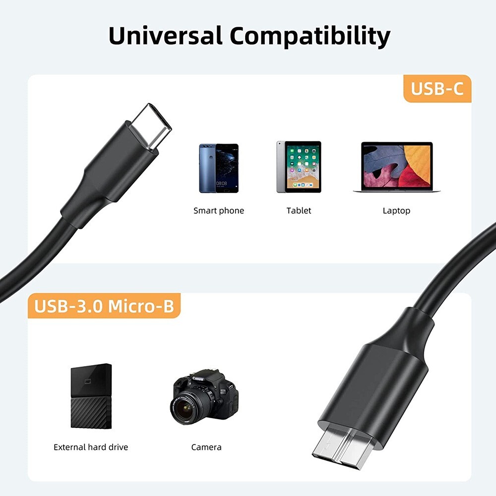 3ft Micro B to USB Type C 3.1 External Hard Drive Cable Cord MacBook Seagate WD