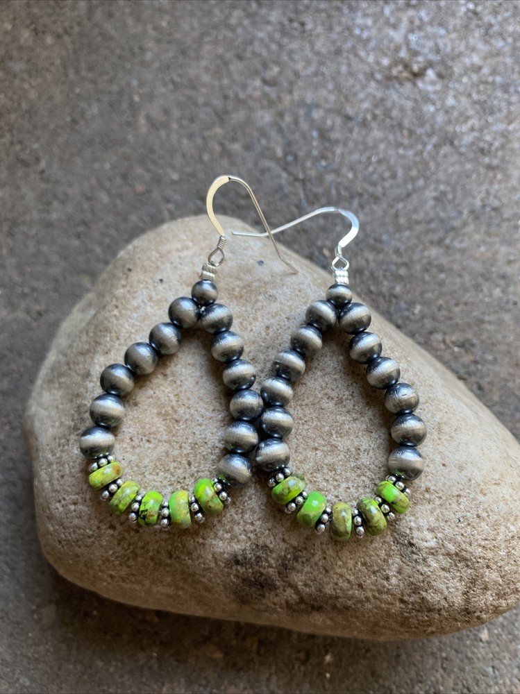Sterling Silver Green Turquoise W Pearls Bead Loop Earrings.