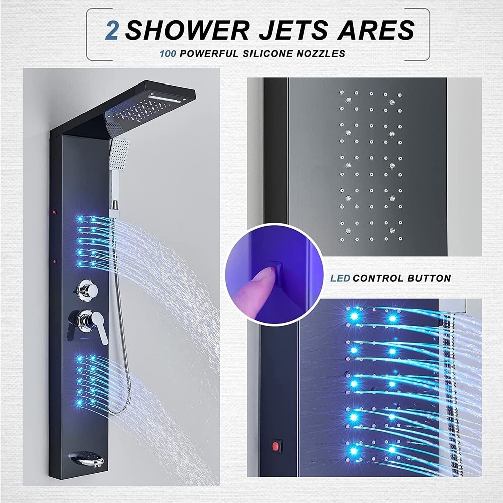 Shower Panel Tower System Faucet LED Rain&Waterfall Head 5-Function Massage Jets