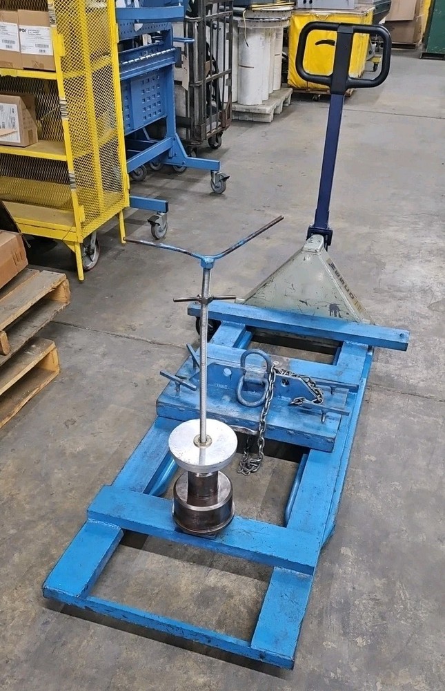 Wesco Pallet Jack w/ Hoist Attachment & Stretch Wrap Station (missing post)