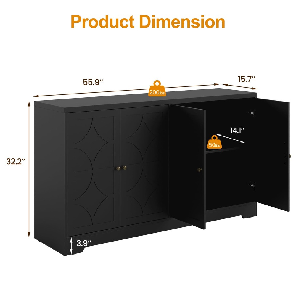 Sideboard Buffet Cabinet, 56" Modern Credenza with 4 Doors and Adjustable She...