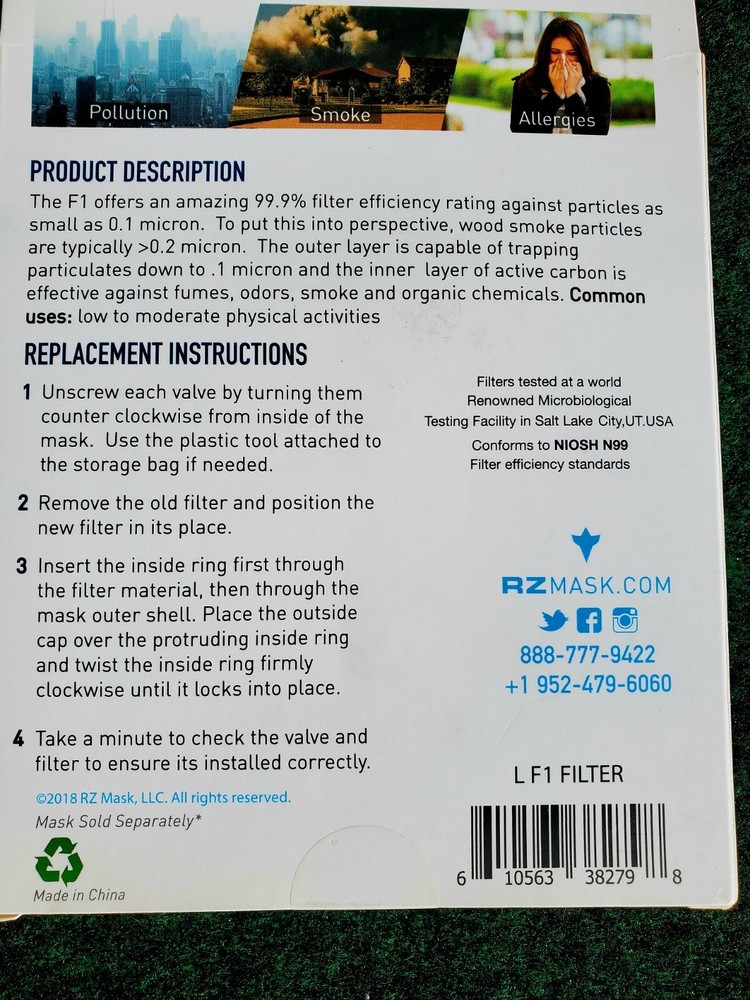 RZ Mask FILTER, F1 Standard + Active Carbon Filters (Medium) 3-pack