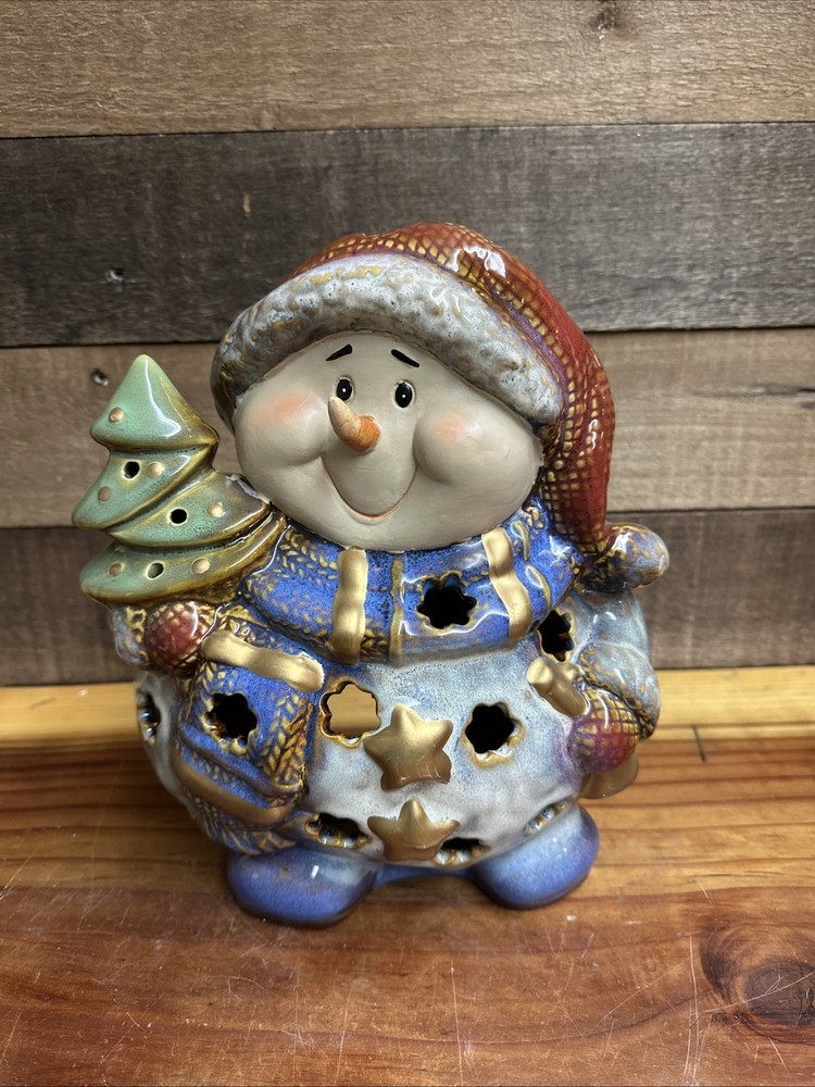 Large Snowman Candle Or Twinkle Light Holder 10”