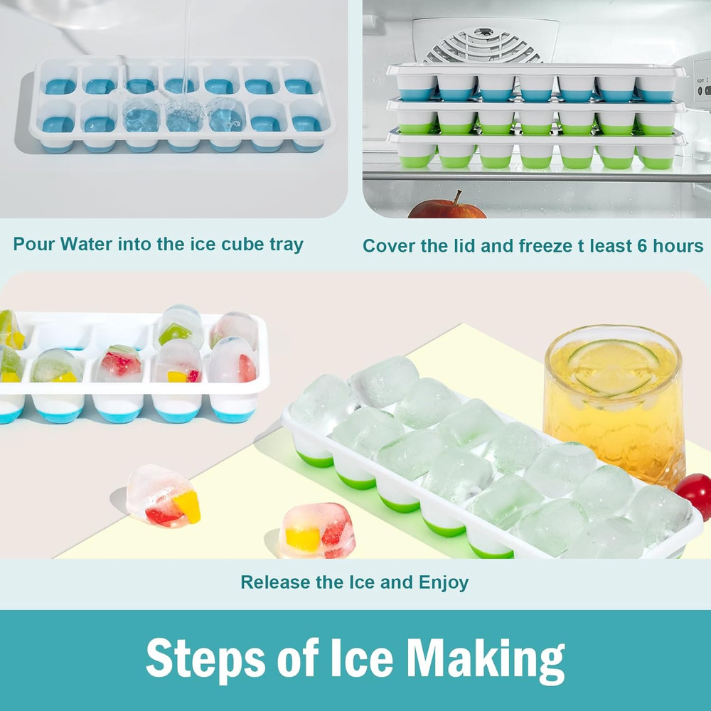 3 Pack Ice Cube Trays with Lids, Flexible Silicone Bottom for Easy Release, Stac