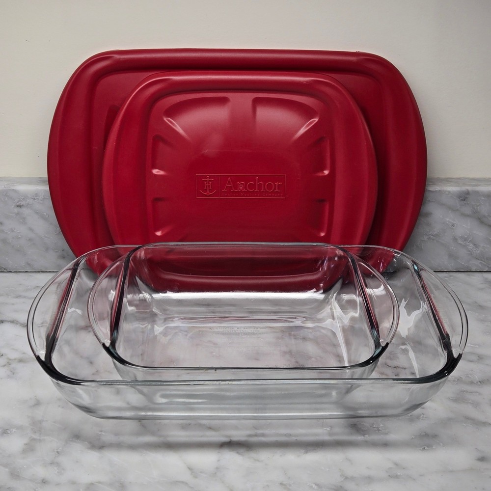 Anchor Hocking Glass Bakeware Set 2 Piece Rectangular Baking Dishes w/ Red Lids