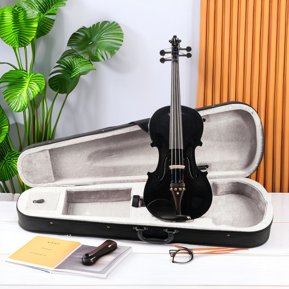 Black 4/4 Full Size Solid Wood Violin Set w/ EQ, Shoulder Rest, Electronic Tuner