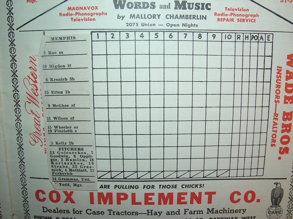 Vintage August 1950 MEMPHIS CHICKS Baseball Team Score Card / Program - Unscored