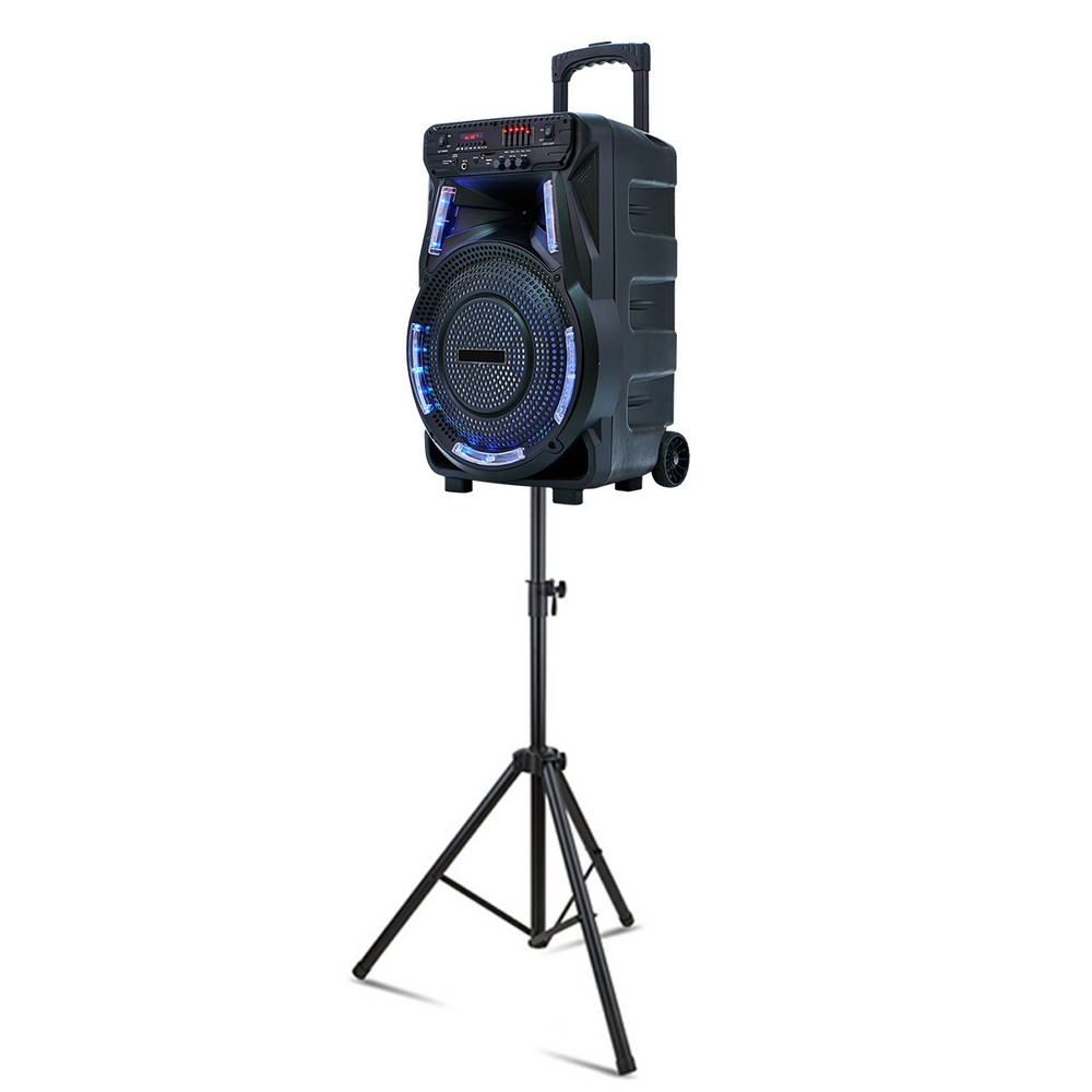 15'' Bluetooth Rechargeable Trolley Speaker w/LED Light Mic Remote Tripod Stand