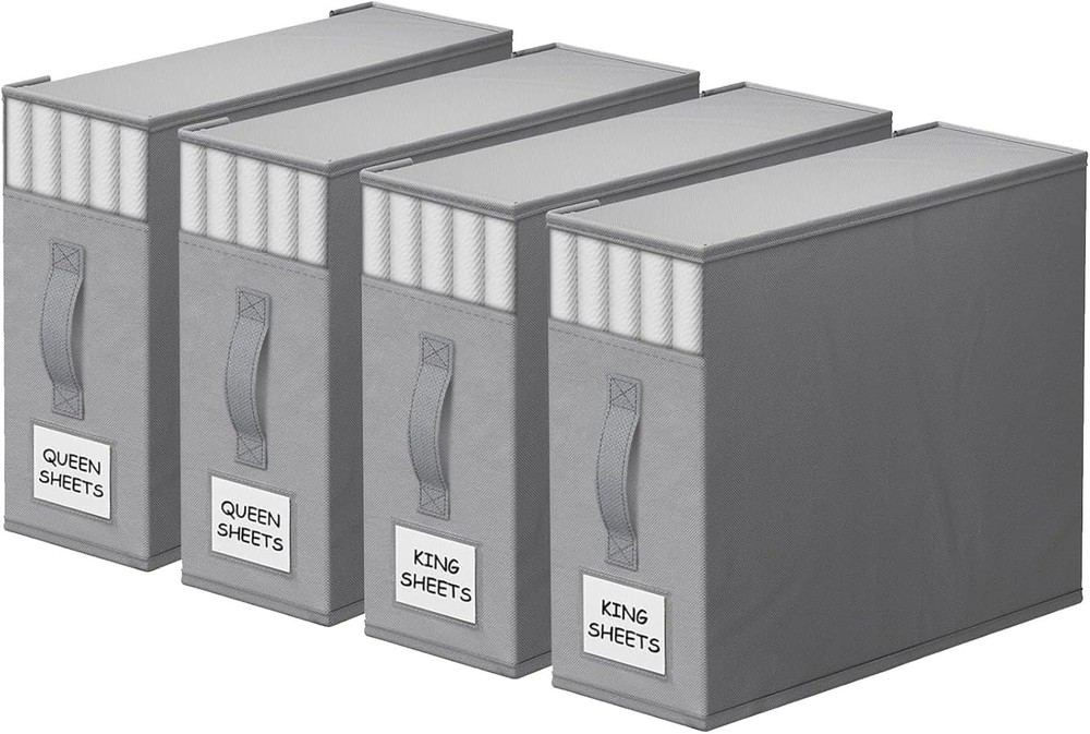 4-Pack Foldable Bed Sheet Organizers with Window & Labels - Elegant Gray