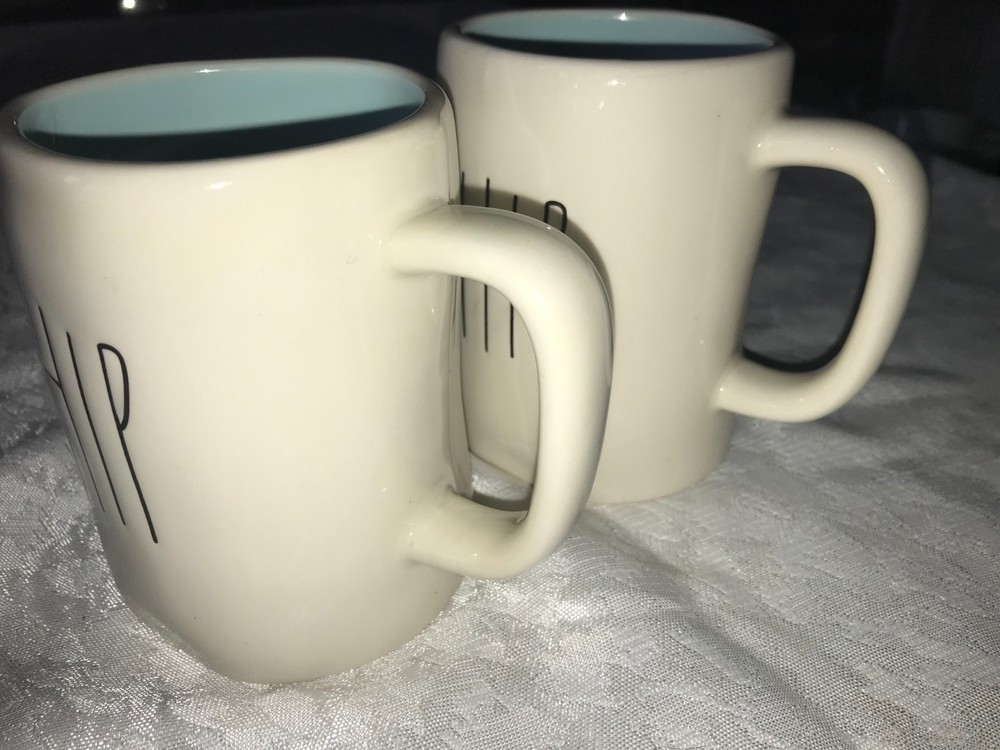 2 Rae Dunn HIP/HOP Easter BUNNY Rabbit BLUE Inside DOUBLE SIDED 16oz MUG Cup 4½"