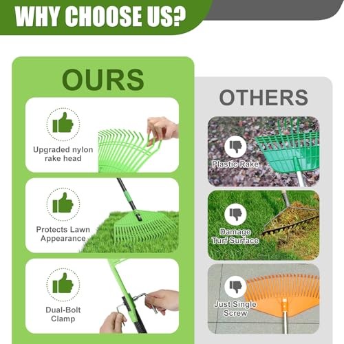 Plastic Leaf Rake with Adjustable 65'' Handle - Lightweight Outdoor Yard Rakes