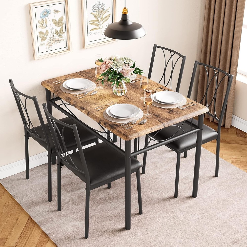Rustic Dining Table Set for 4, MDF Top & Metal Frame with Upholstered Chairs