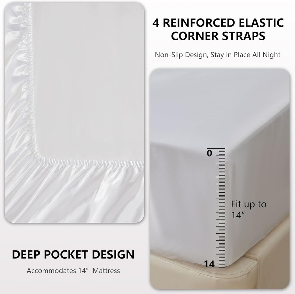 Satin Sheets Queen Size Bed Set - 4 Piece Silky Queen Sheet Set, Luxury White...