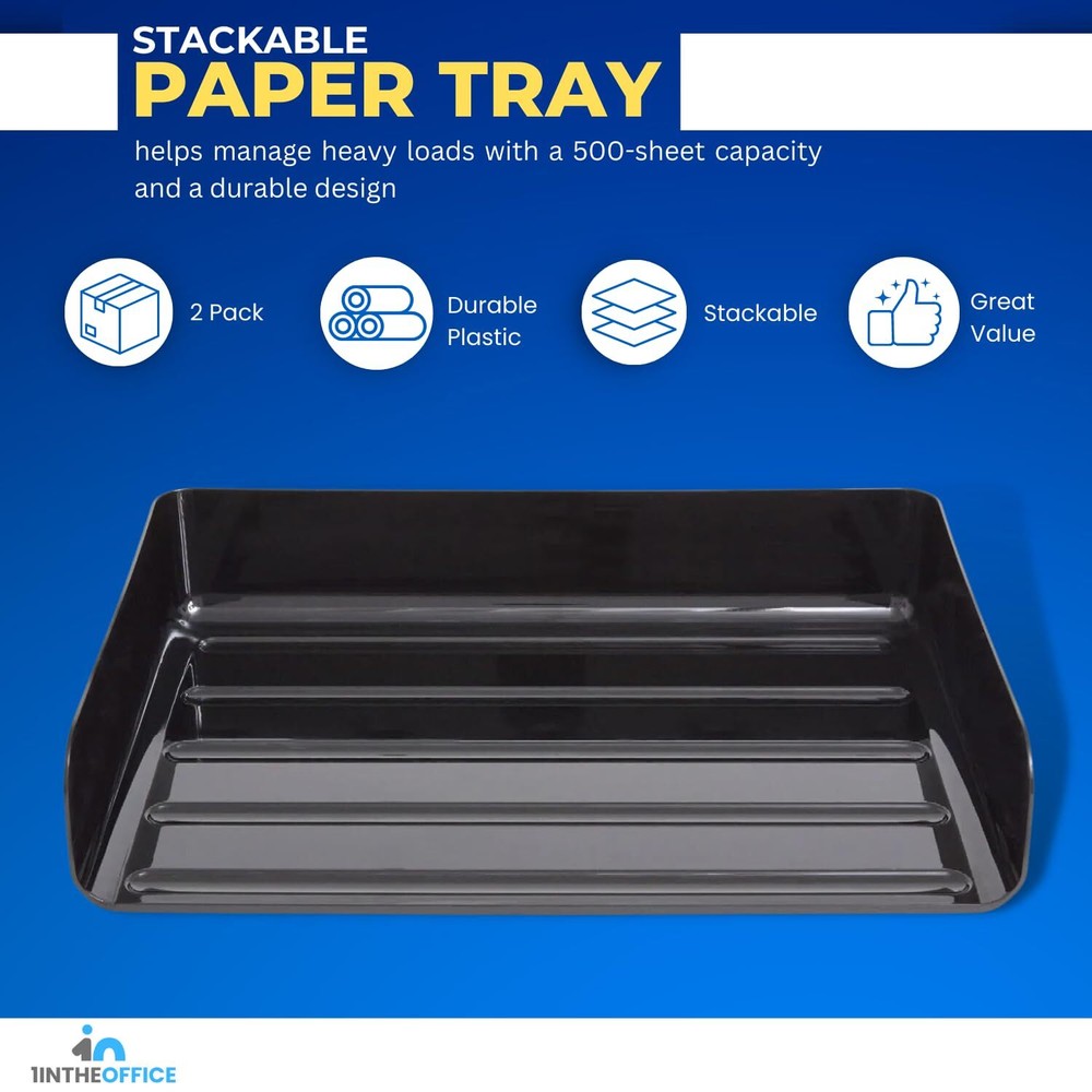 Stackable Paper Tray Legal Size Desk Organizer Side Load Black 2-Pack