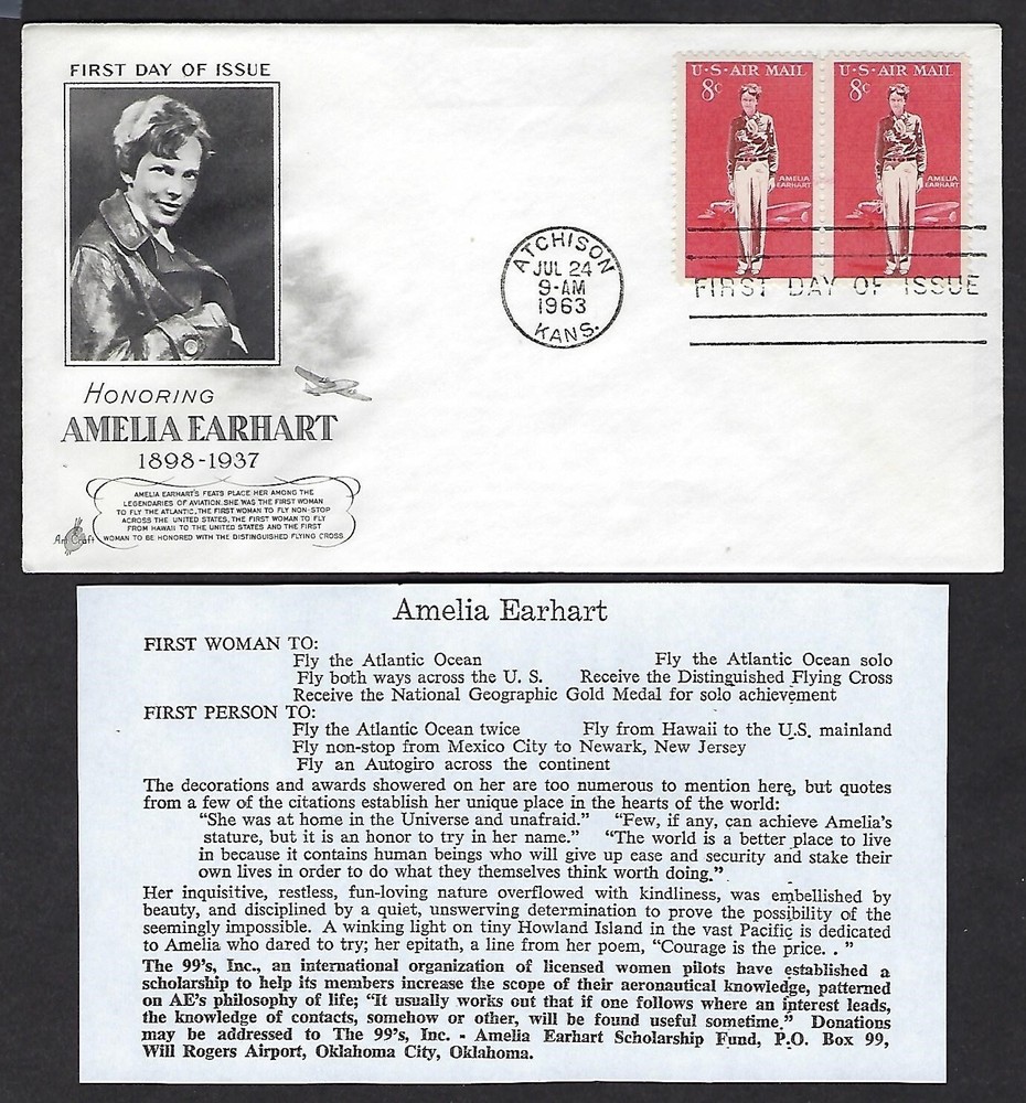 C68 ArtCraft FDC honoring Amelia Earhart with insert - 8-cent Airmail horizontal