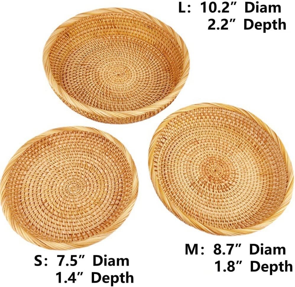 3 Pack Round Rattan Wicker Nesting Bread, Fruit, Storage, Serving Baskets Trays