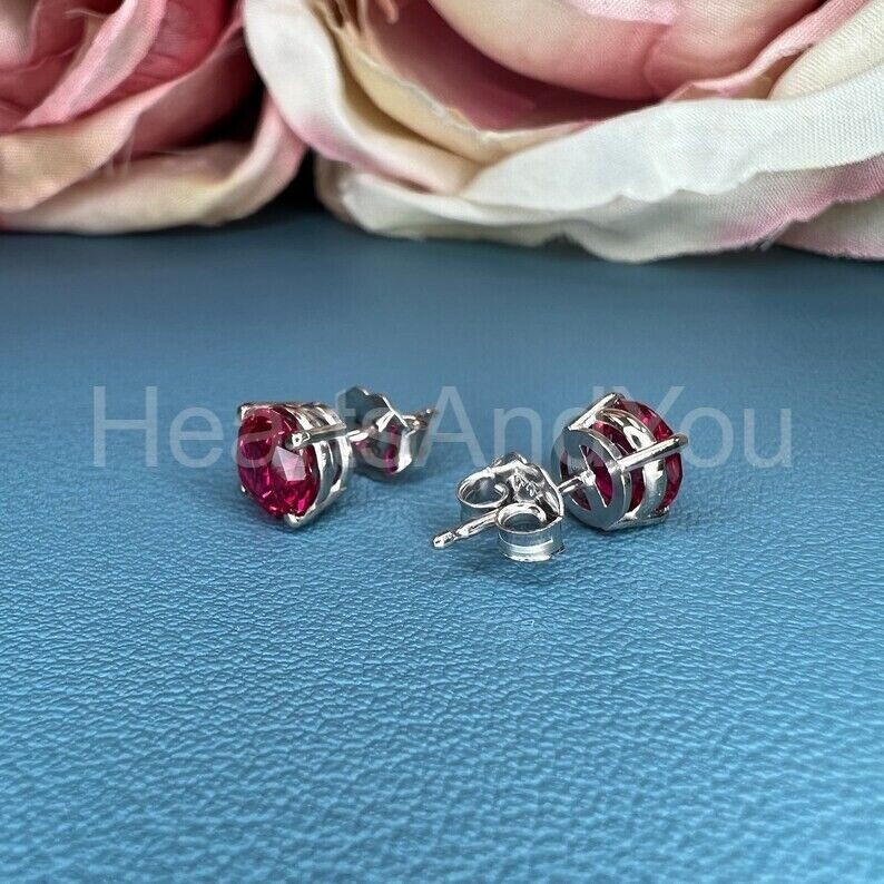 2ct Round Cut Natural Ruby Diamond Solitaire Stud Earrings 14k Solid White Gold