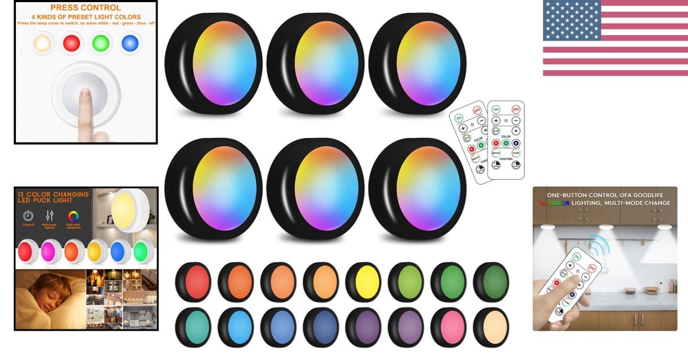 Multicolor LED Puck Lights - 6 Pack with Dimmable Functions & Adhesive Mounting