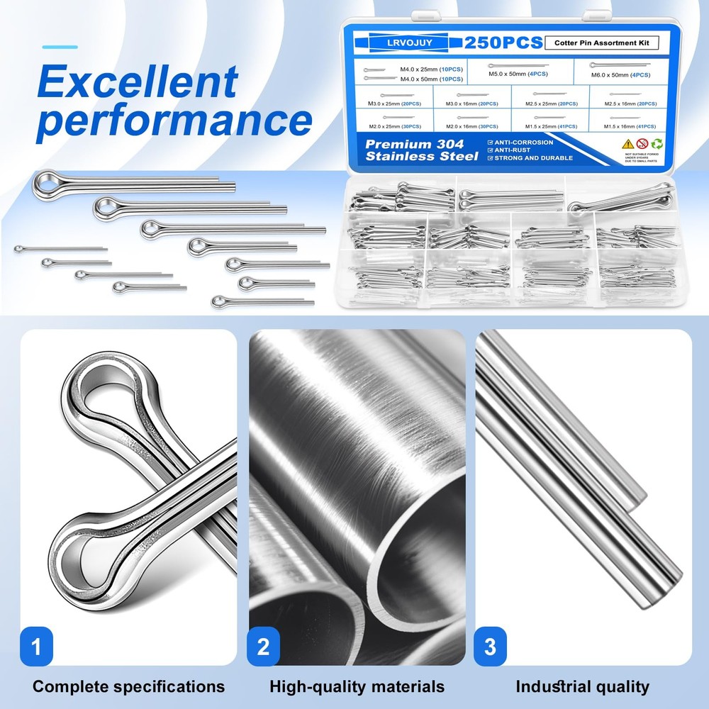 250PCS Cotter Pin Assortment Kit, 12 COTTER PINS (12 SIZE), Silver