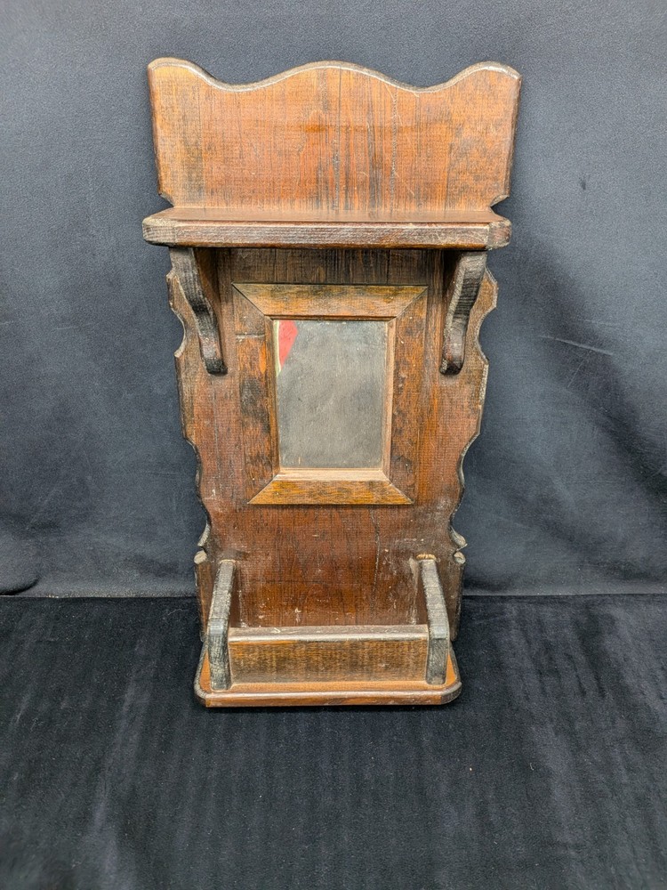 antique wall hanging shaving mirror shelves
