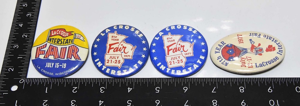 4 1970s LA CROSSE, WISCONSIN INTERSTATE FAIR BUTTON PINBACKS