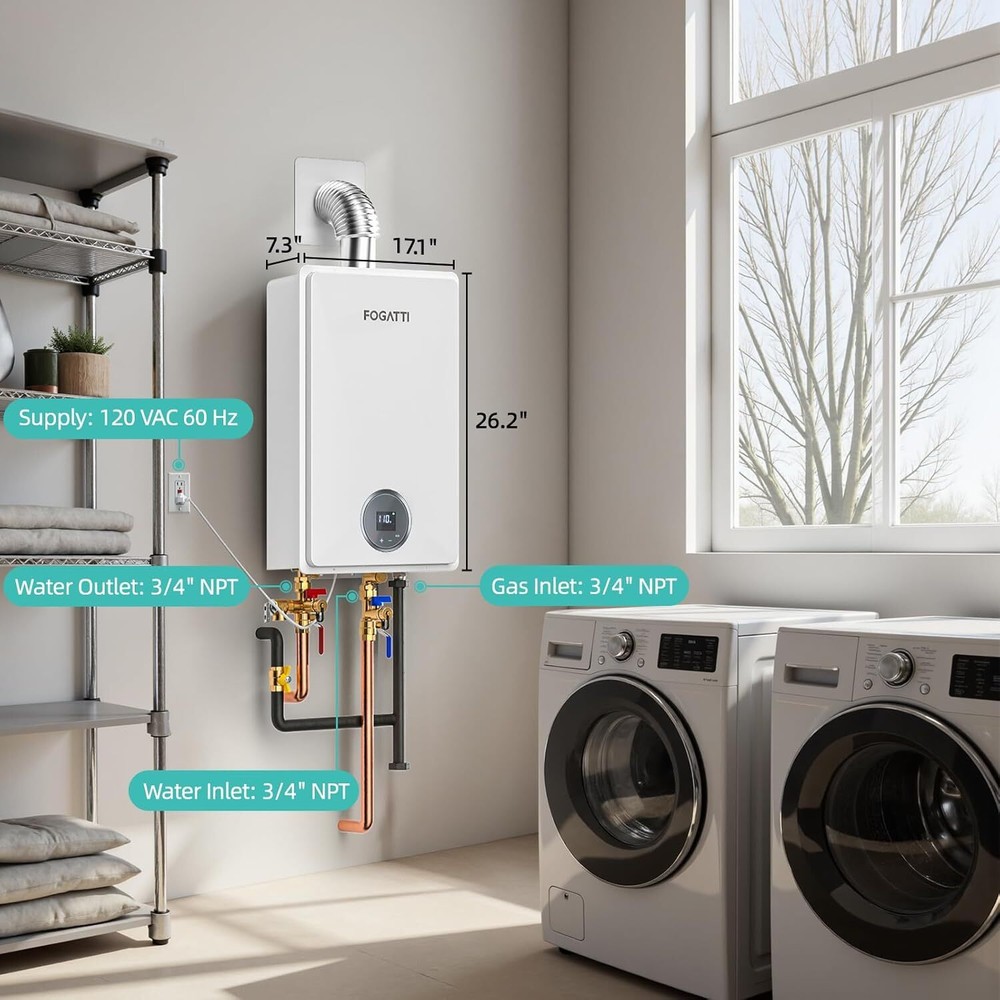 FOGATTI 170,000 BTU Propane Gas Tankless Water Heater For Whole House Use 7.5GPM